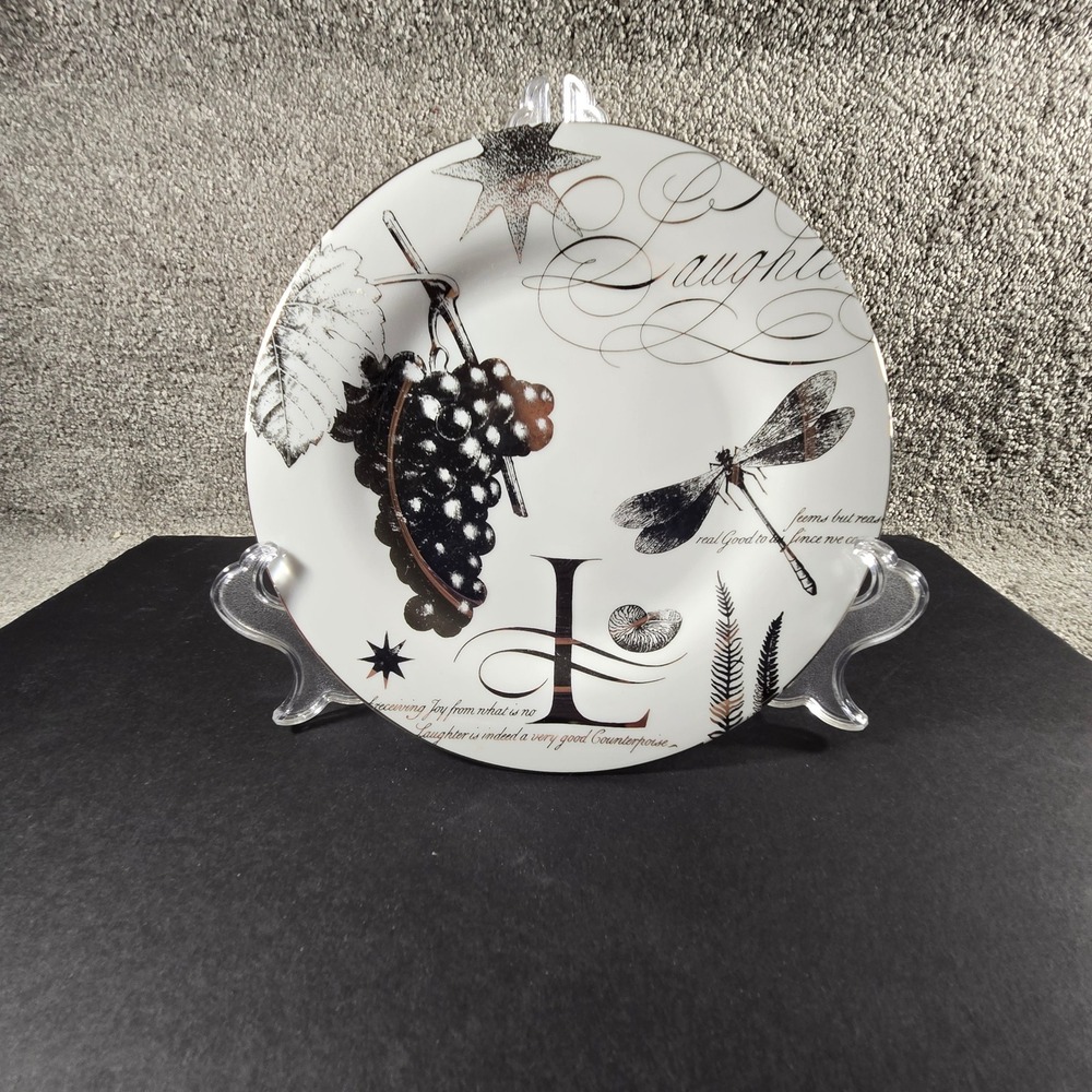 Pottery Barn Salad Plate White Black Grapes Dragonfly Laughter Japan 8"
